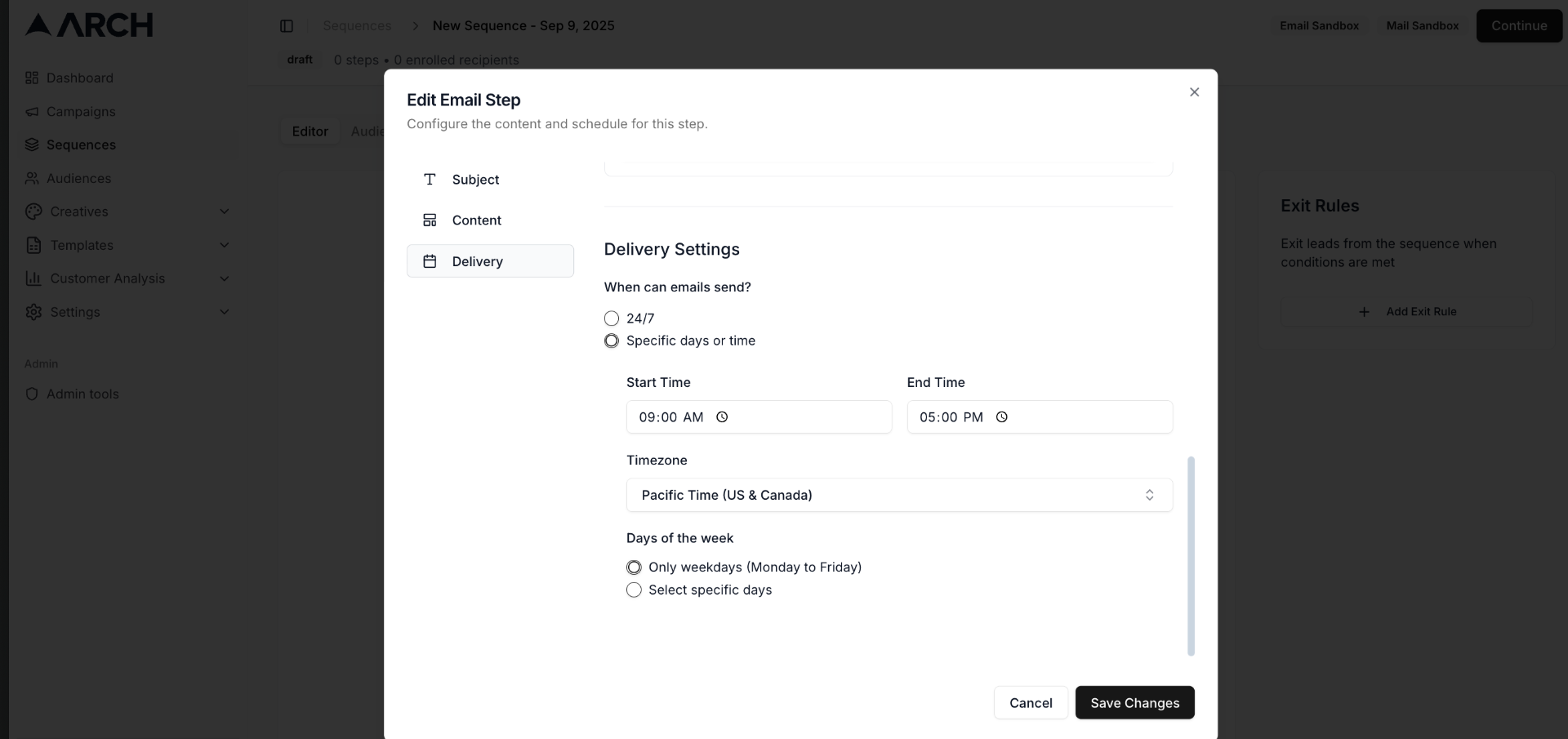 Email delivery settings with scheduling and timezone configuration