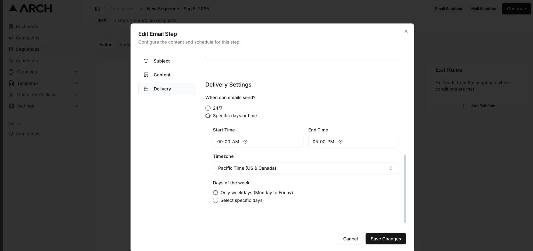 Email delivery settings with scheduling and timezone configuration