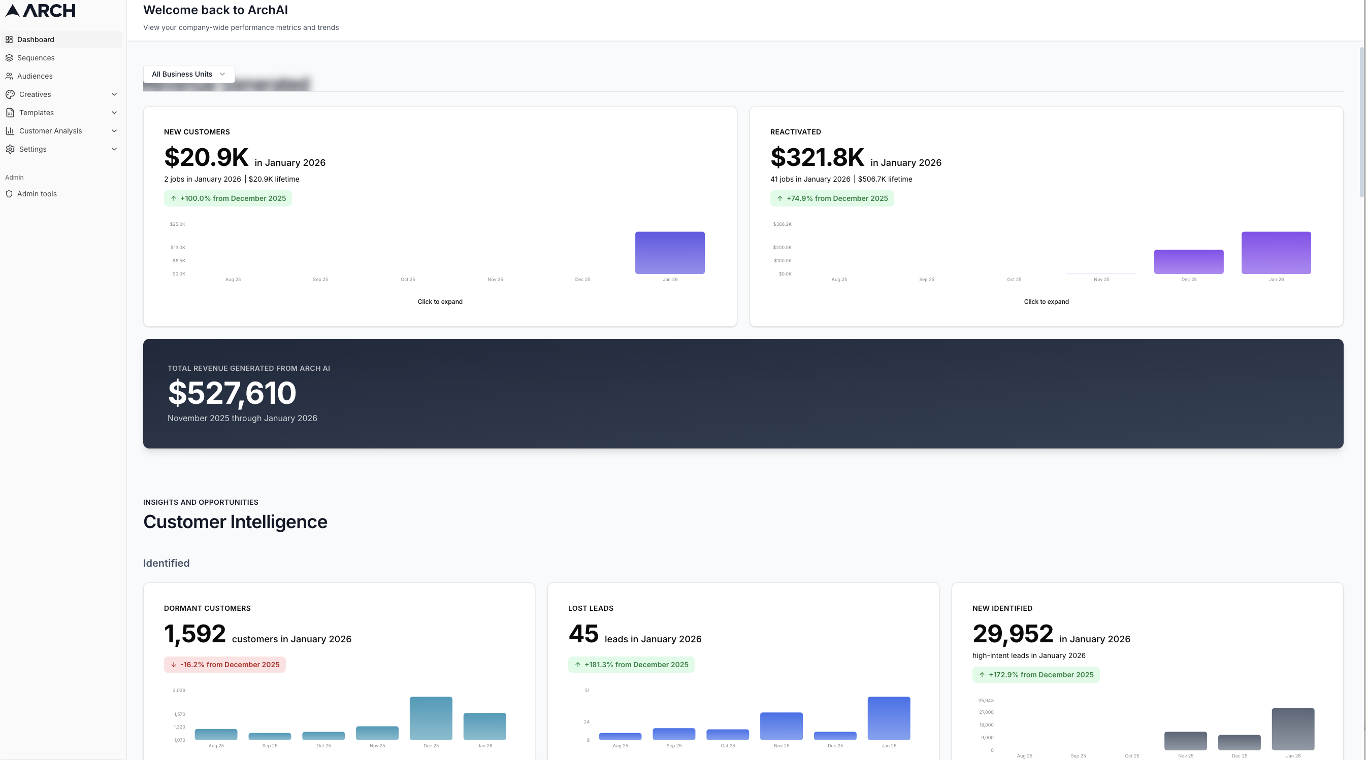 Arch Executive Dashboard showing revenue metrics and campaign performance