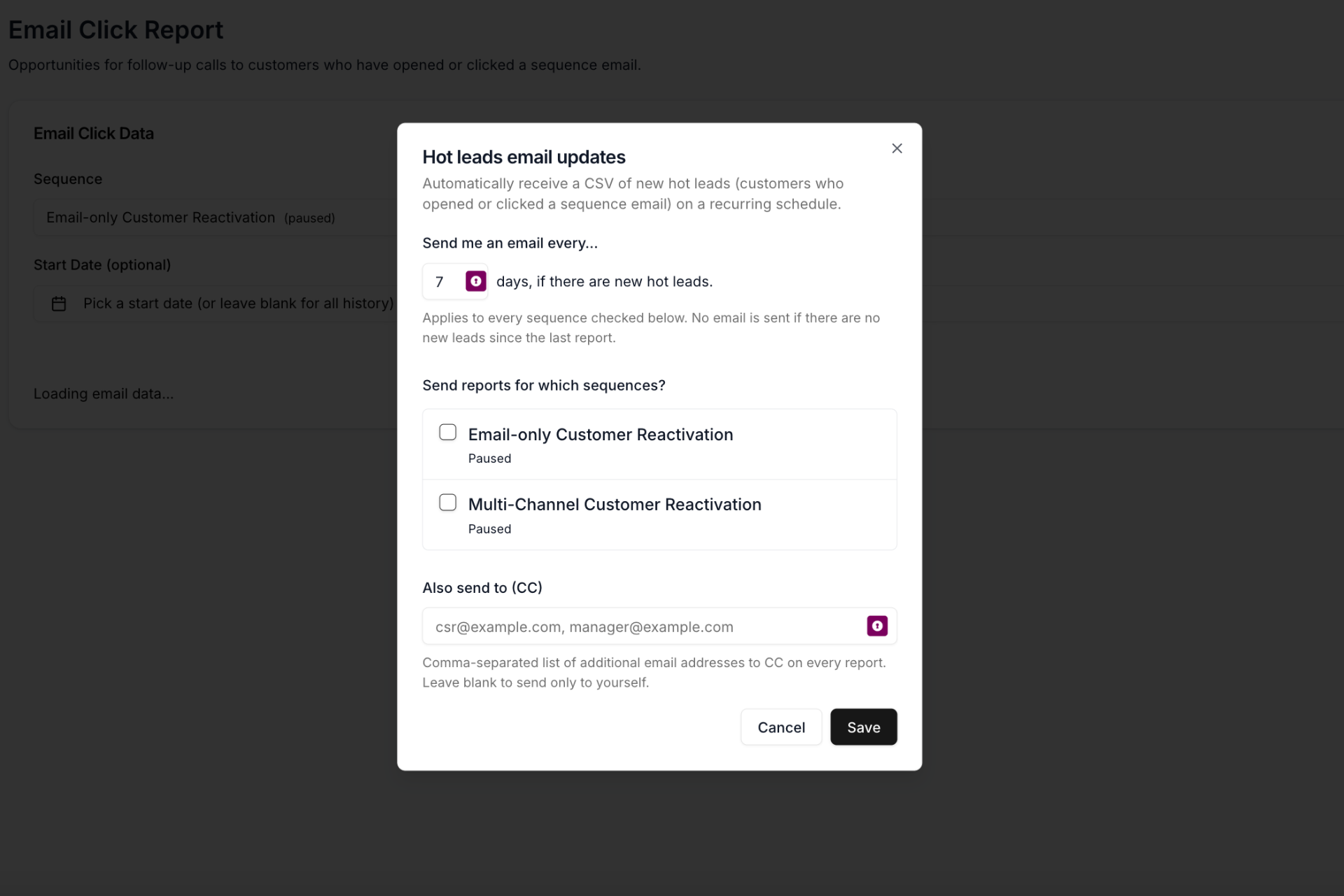 Hot Leads email updates configuration modal showing delivery frequency, sequence selection, and CC recipients