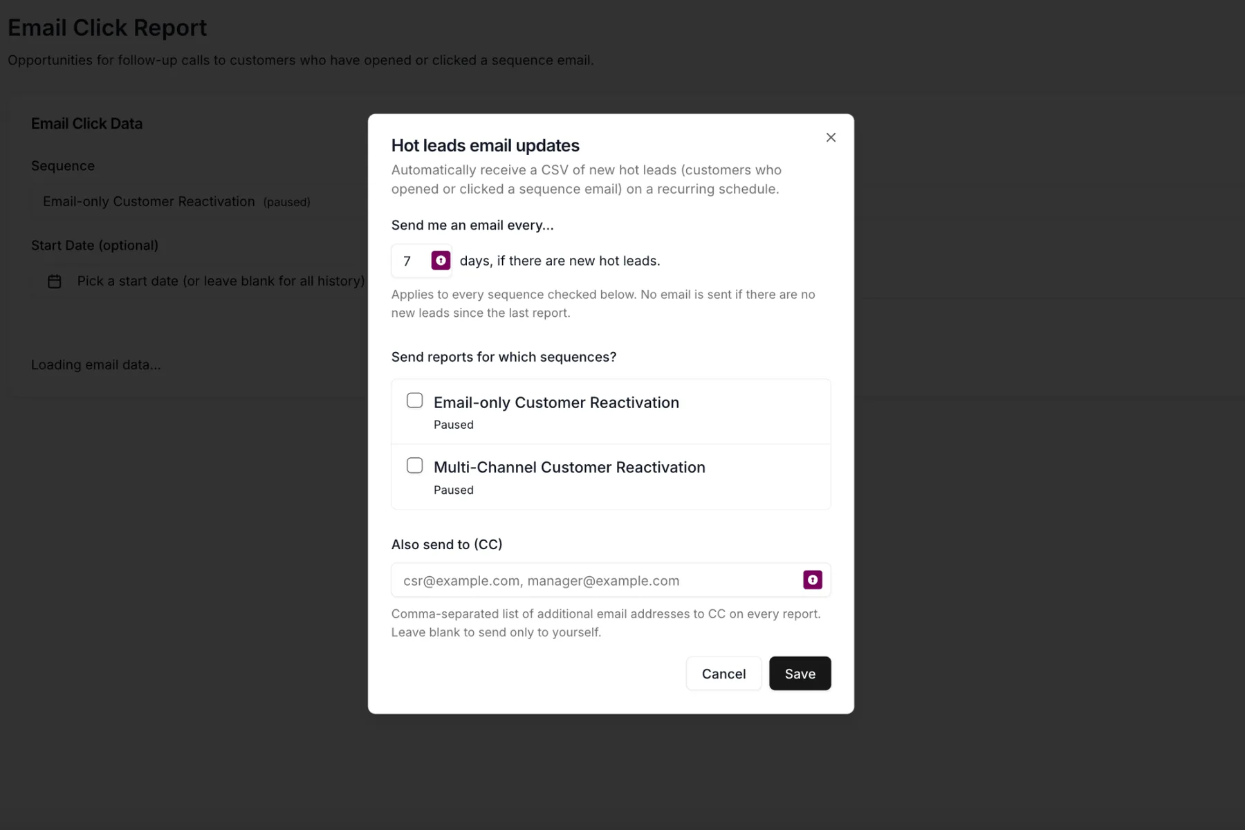 Hot Leads email updates configuration modal showing delivery frequency, sequence selection, and CC recipients