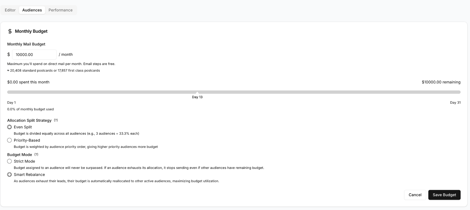 Arch Budget Management interface showing monthly budget allocation, split strategies, and budget modes