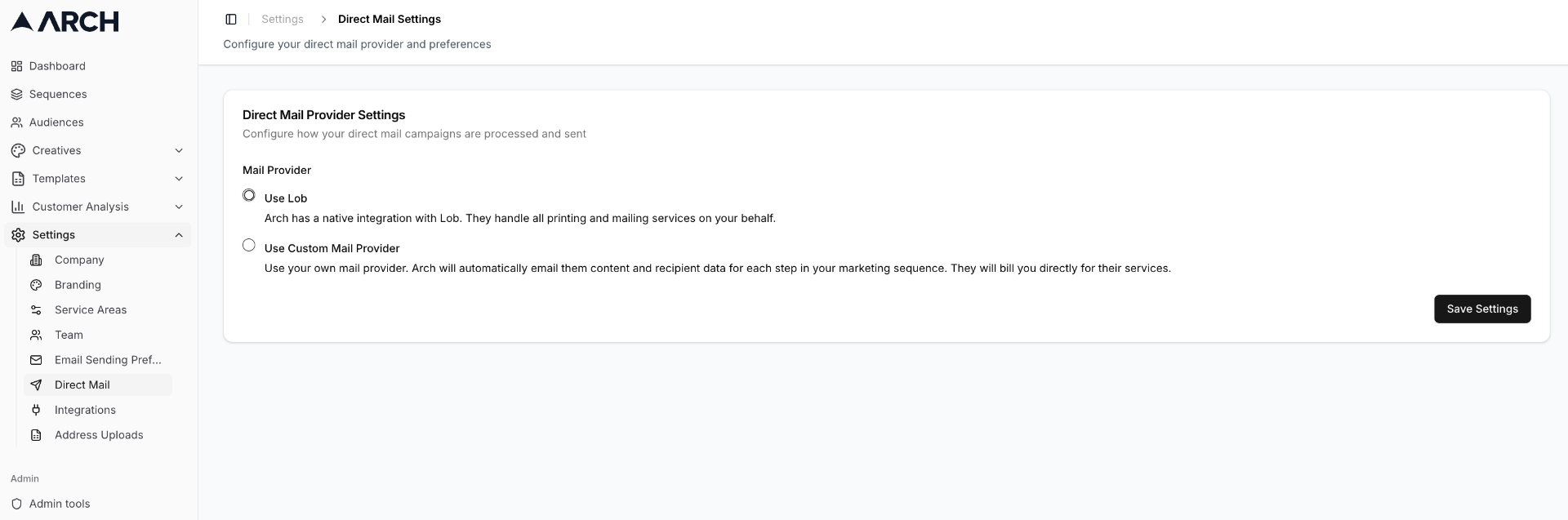 Arch Direct Mail Settings showing provider options including Lob integration and custom mail provider
