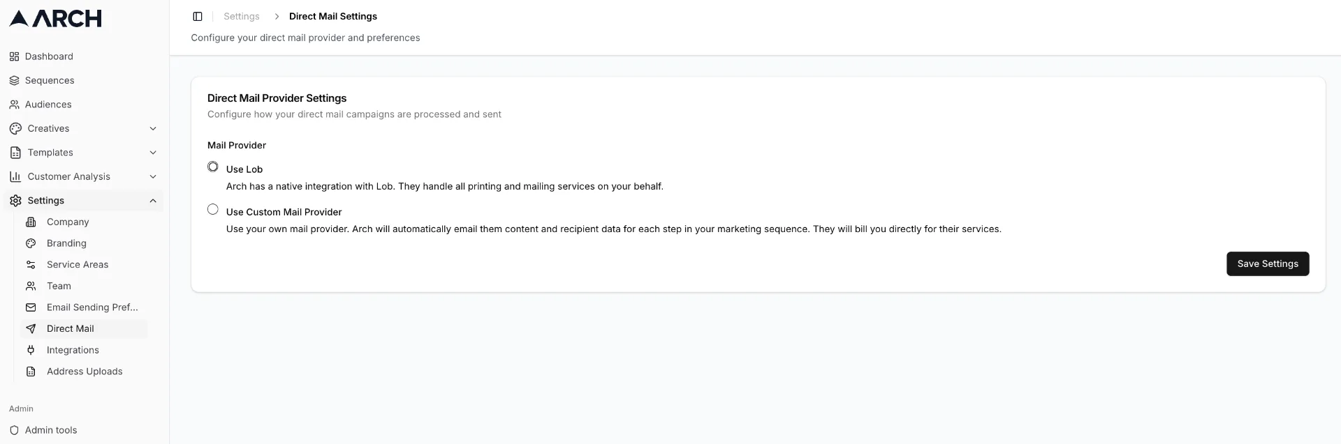 Arch Direct Mail Settings showing provider options including Lob integration and custom mail provider