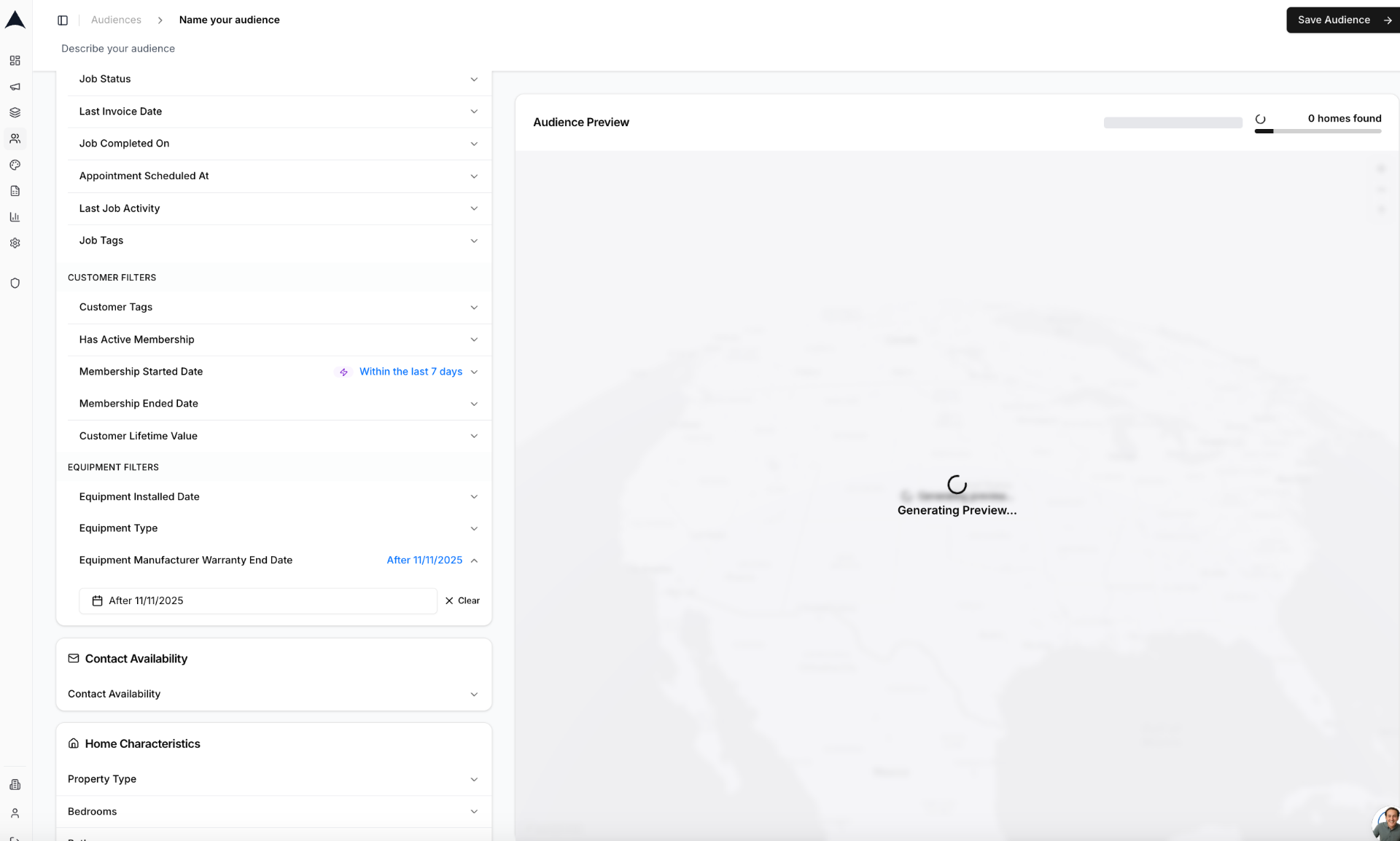 Arch Audience Builder showing membership and customer filters with equipment warranty end date segmentation