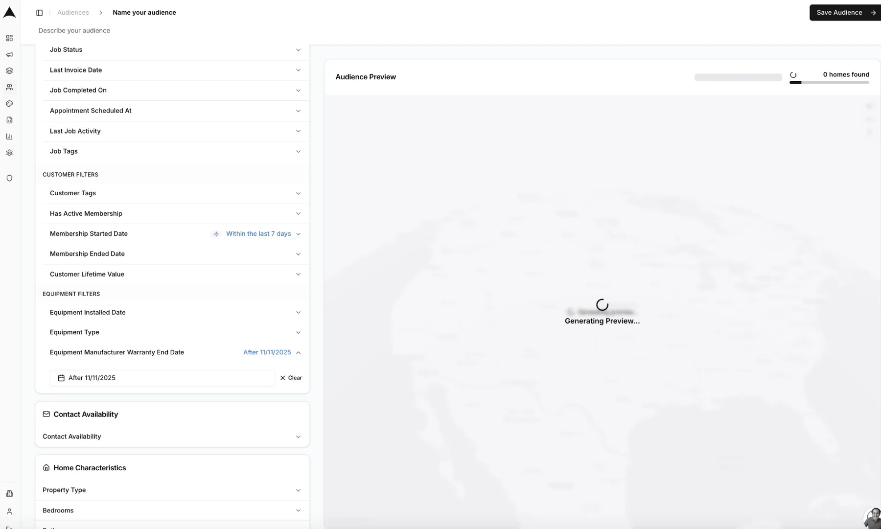 Arch Audience Builder showing membership and customer filters with equipment warranty end date segmentation