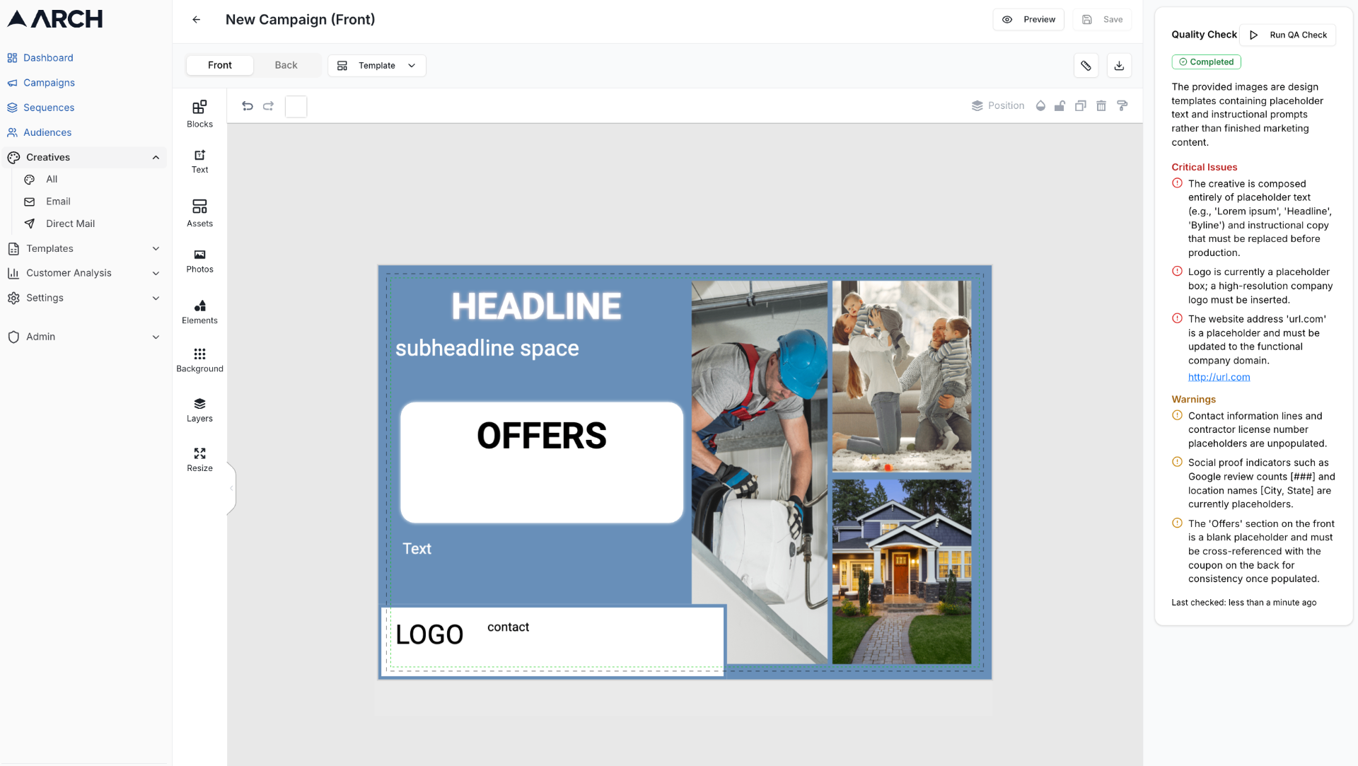 AI Creatives QA running inside the Arch creative editor, showing critical issues and warnings detected on a direct mail template