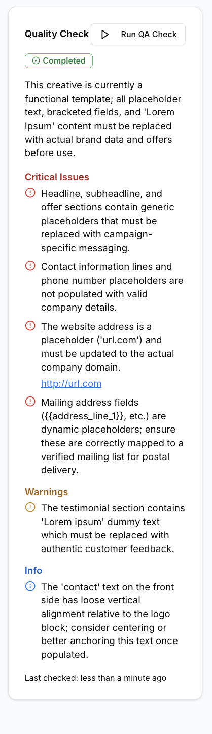 AI Creatives QA panel showing critical issues, warnings, and info findings with severity-coded labels
