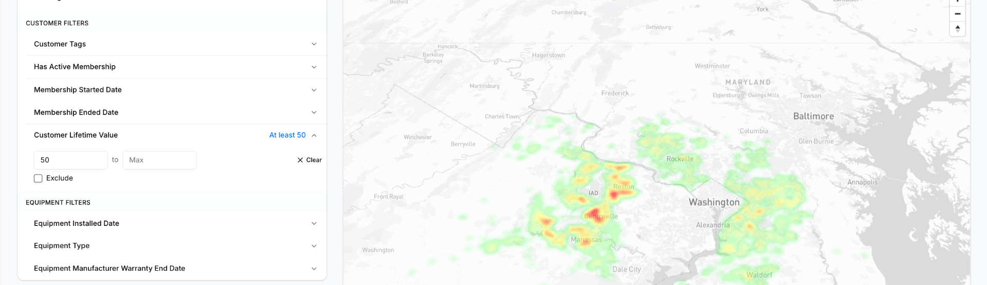 Customer lifetime value and membership filters with heat map preview of audience distribution