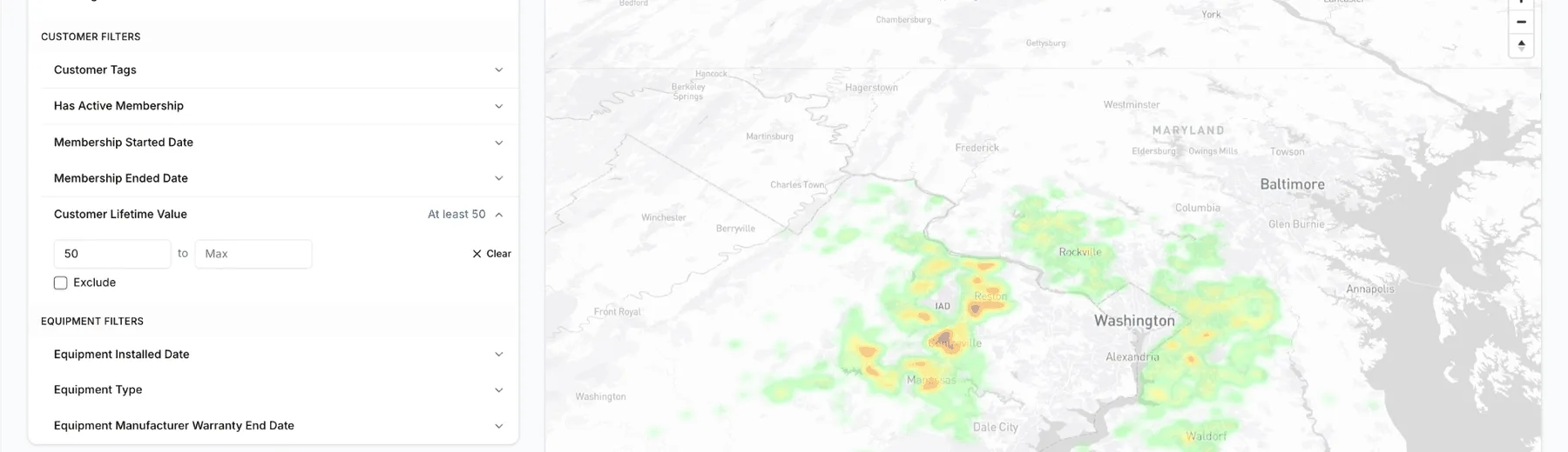 Customer lifetime value and membership filters with heat map preview of audience distribution
