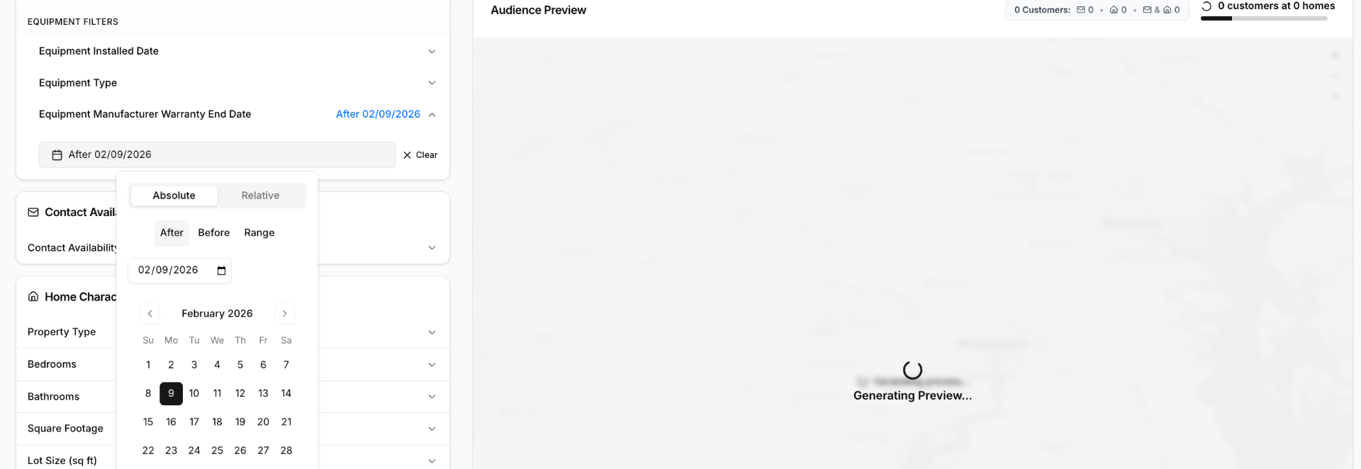 Equipment warranty end date filter with calendar date picker in the Arch Audience Builder