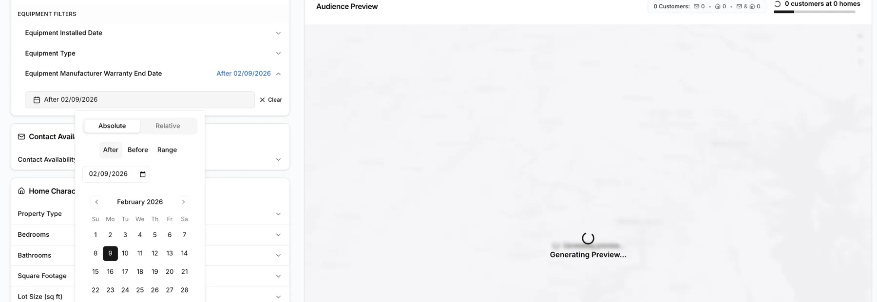 Equipment warranty end date filter with calendar date picker in the Arch Audience Builder